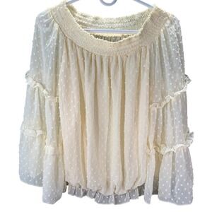 Boho Cream Swiss Dot Peasant Blouse Tiered Bell Sleeve Lined Romantic Top M